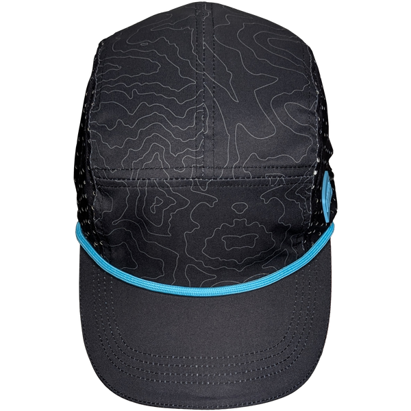 Top view of the Leda Stride Hat. Charcoal colored 5-panel hat, with a topographical print and mint rope and logo.
