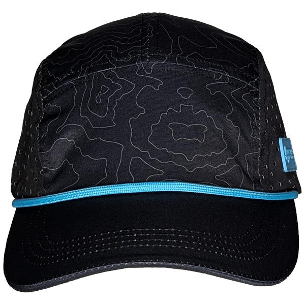 Front view of the Leda Stride Hat. Charcoal colored 5-panel hat, with a topographical print and mint rope and logo.