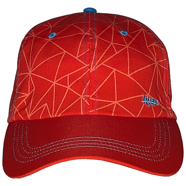Front view of the Naiad Core Hat. Red dad cap, with a triangle print and blue logo and button.