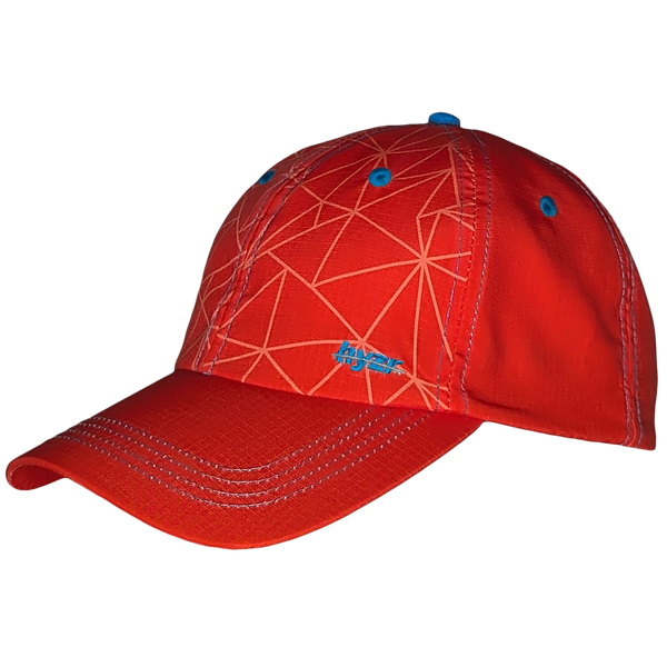 45 degree view of the Naiad Core Hat. Red dad cap, with a triangle print and blue logo and button.
