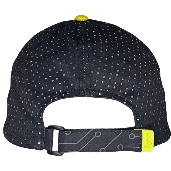 Back view of the Tethys Drive Hat showing the adjustable velcro strap with rubber tab. Black trucker hat, with a circuit board print and pops of yellow.