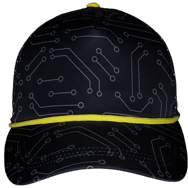 Front view of the Tethys Drive Hat. Black trucker hat, with a circuit board print and yellow accents.