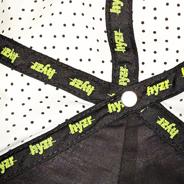 Inside view of the Tethys Drive Hat, featuring miniature Hyzr logos on the seam taping.