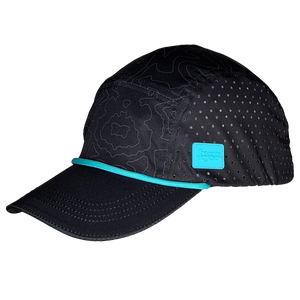 45 degree view of the Leda Stride Hat. Charcoal colored 5-panel hat, with a topographical print and mint rope and logo.