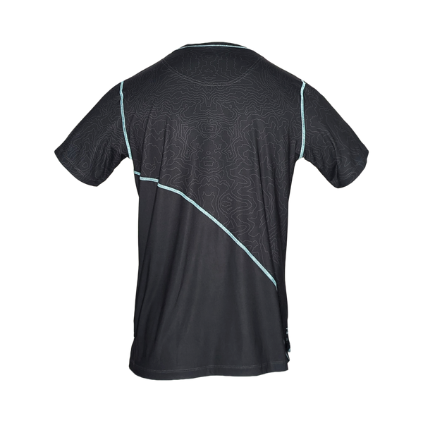 Back of Men's Titan Performance Tee in Charcoal. Mint stitching and topographical print on top portion of shirt.