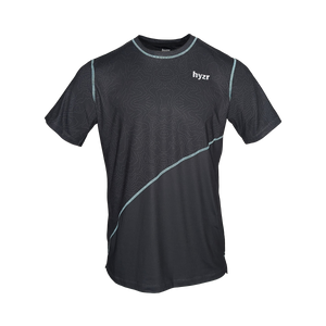 Front of Men's Titan Performance Tee in Charcoal. Mint stitching and topographical print on top portion of shirt.