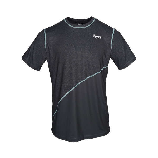 Front of Men's Titan Performance Tee in Charcoal. Mint stitching and topographical print on top portion of shirt.