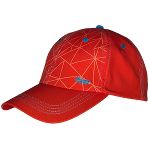 45 degree view of the Naiad Core Hat. Red dad cap, with a triangle print and blue logo and button.