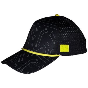 45 degree view of the Tethys Drive Hat. Black trucker hat, with a circuit board print and yellow accents.