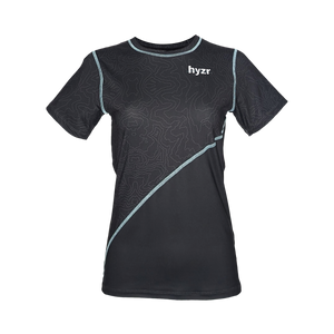 Front of Women's Titan Performance Tee in Charcoal. Mint stitching and topographical print on top portion of shirt.