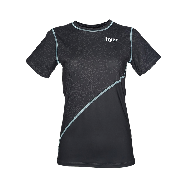 Front of Women's Titan Performance Tee in Charcoal. Mint stitching and topographical print on top portion of shirt.