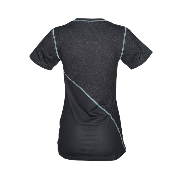 Back of Women's Titan Performance Tee in Charcoal. Mint stitching and topographical print on top portion of shirt.